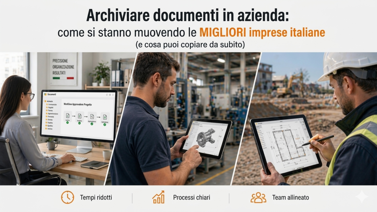 Professionisti in ufficio, produzione e cantiere utilizzano workflow digitali e tablet per gestire documenti, disegni tecnici e progetti in modo rapido e coordinato.