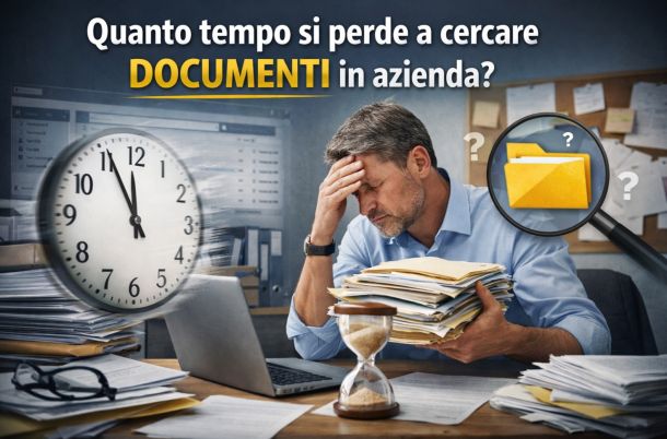 Persona in ufficio sommersa da documenti mentre cerca un file